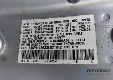 2003 Honda Element Ex from USA, damaged, VIN 5J6YH18533L021942